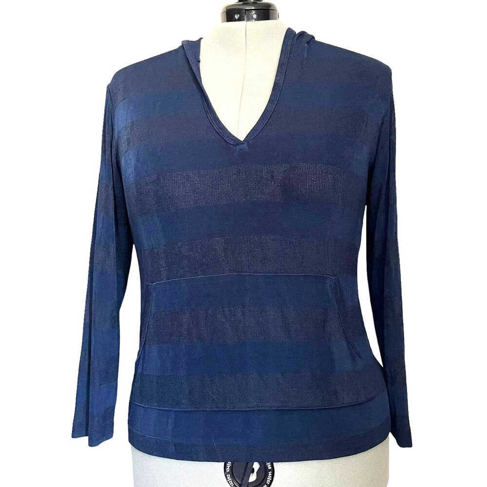 Chicos Travelers Stripe Hood Womens Top Sz 16 Coastal Nautical Preppy Pullover